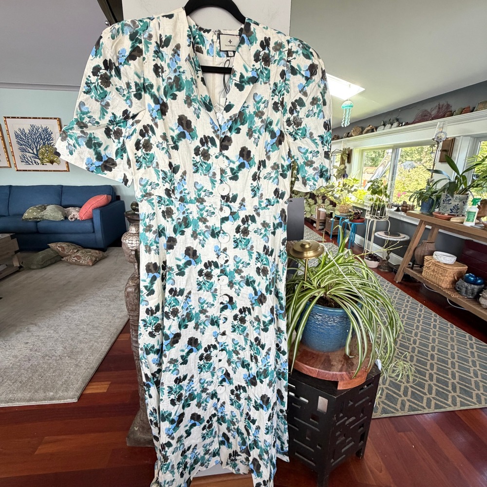 Tuckernuck Blue Blooms Dress Womens L Blue NWT Floral Linen Midi Cottagecore